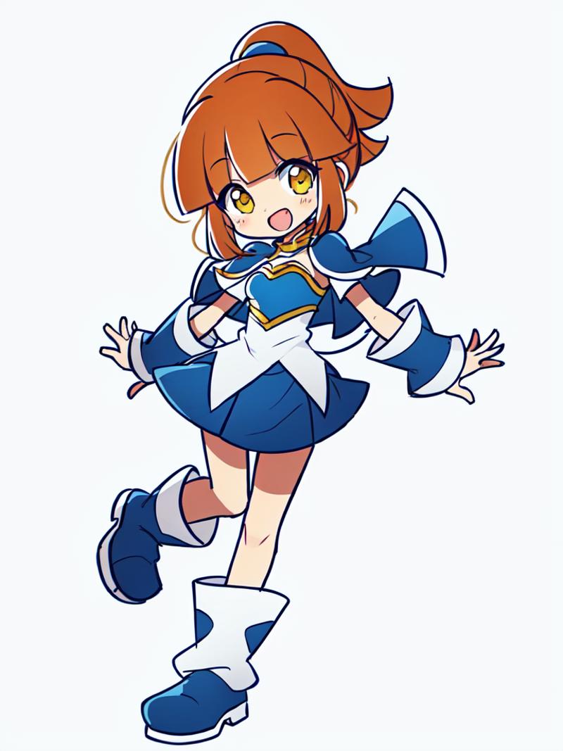 00066-382064522-arle nadja kawaii petit cute girl yellow eyes brown hair,half updo short topknot blue skirt, blue short sleeves, blue breast arm.png